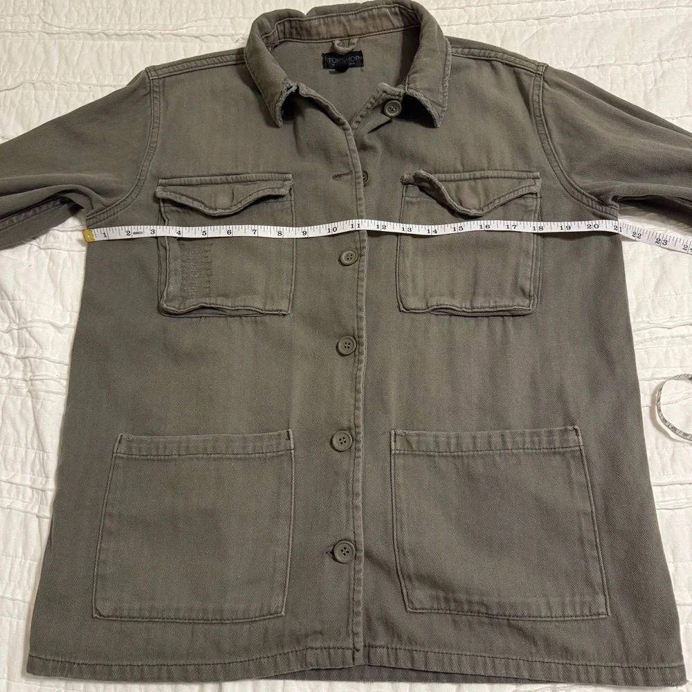 Topshop Army Green Distressed Utility Jacket Button Up 100% Cotton Size 6